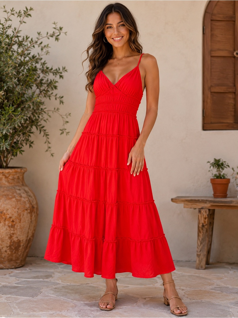 Red Tiered Spaghetti-Strap Maxi Dress - Unbranded